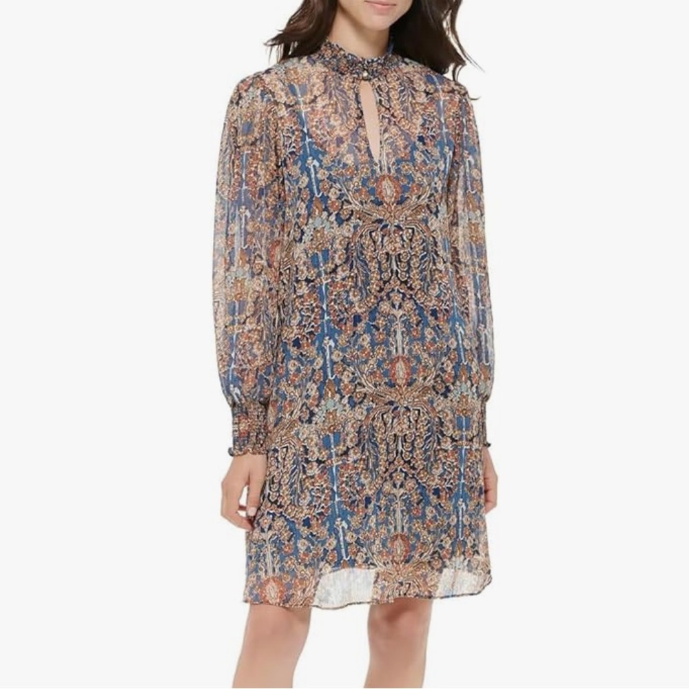 Tommy Hilfiger Blue & gold chiffon mock neck Long Sleeve Dress size 14 EUC